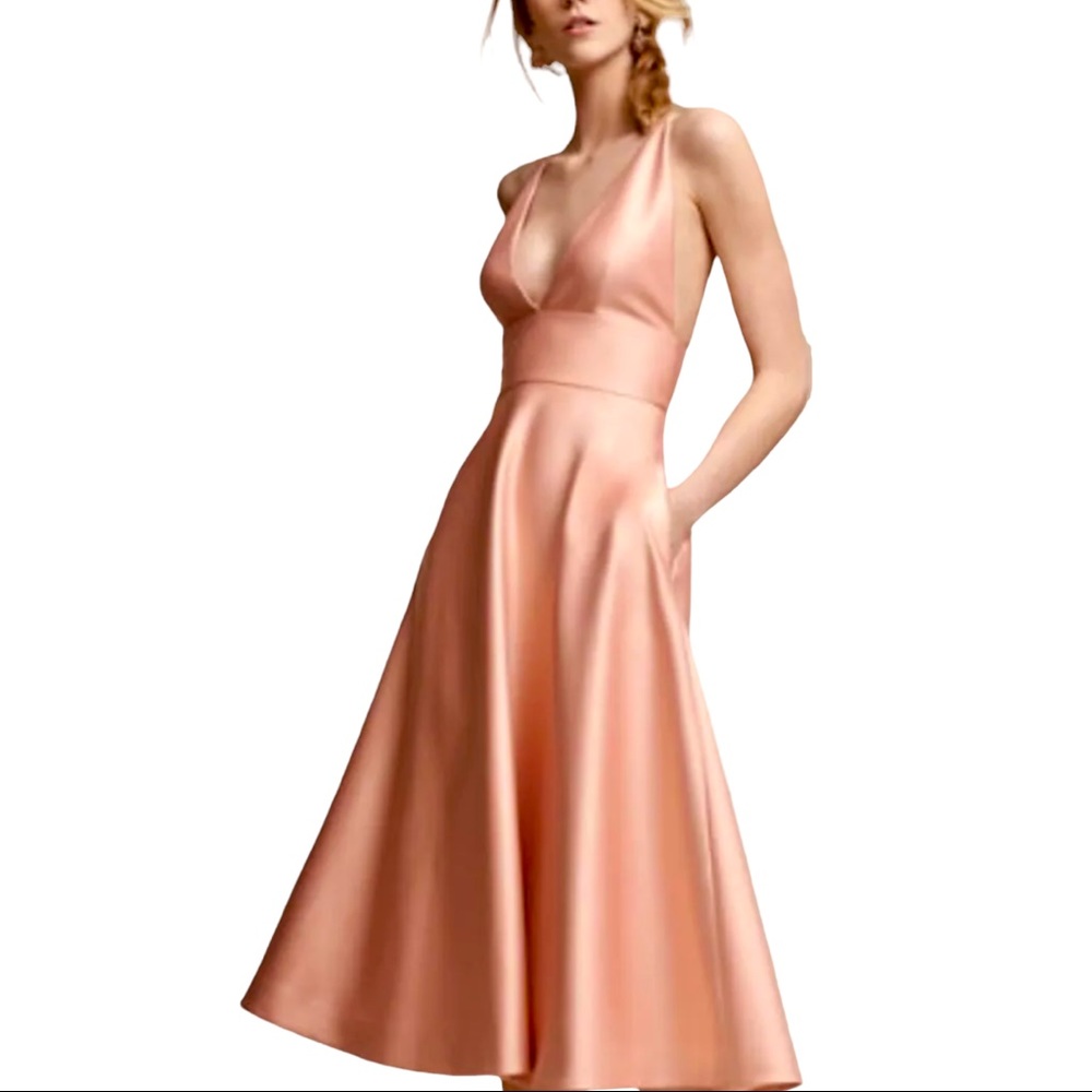 New Hitherto x BHLDN Shelby 2 & 8 Peach Pink Halter Criss Cross Satin Midi Dress